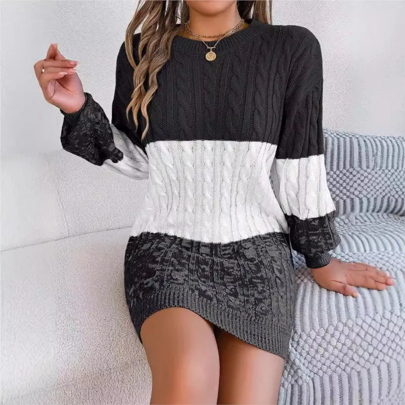 Women\'s Knitted Sweater Dress New Color Blocked Autumn And Winter Elegant Square Collar Button Long Sleeve Sweater Bag Hip Skirt