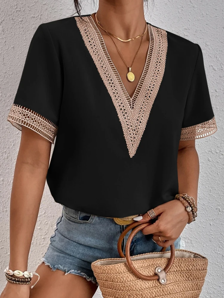 Women V-neck Lace Parchwork Blouse Clothes Short-Sleeved T-Shirt Loose Smooth Ice Soft Silk Casual Streetwear Top