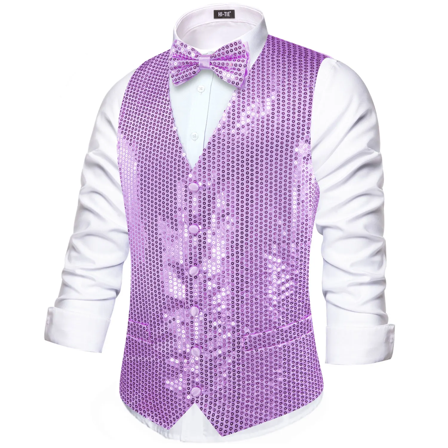 Hi-Tie Sequin Jacquard Collar Suit Light Purple Vest Slim Fit Waistcoat for Wedding Groomsmen V-Neck Tuxedo Sleeveless Jacket