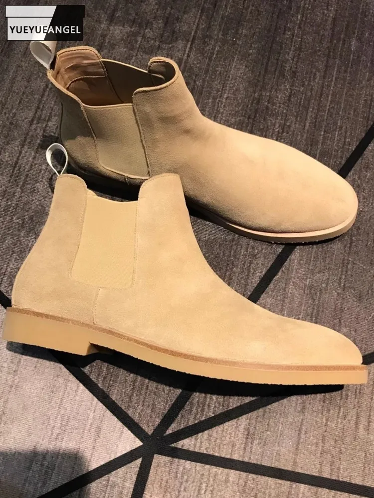 British Style Vintage Mens Business Work Cow Suede Leather Chelsea Boots Slip On High Top Ankle Low Heels Boots Loafers Shoes