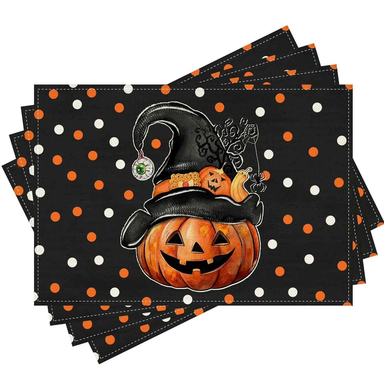 Polka Dot Grimace Pumpkin Witch Hat Halloween Placemats Table Mats for Kitchen Dining Party Home Decor