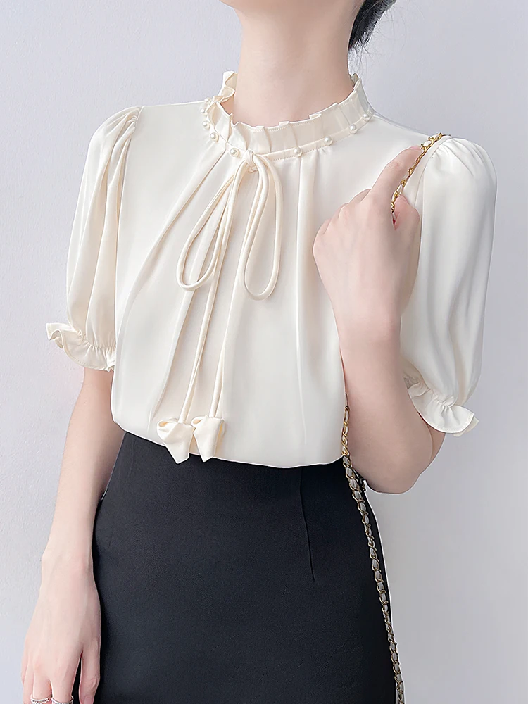 

Korean Sle Stand Collar ort Sve irt Women's Summer New Design Gauze Belted Satin Top Breathable Comfortable Polyeste...