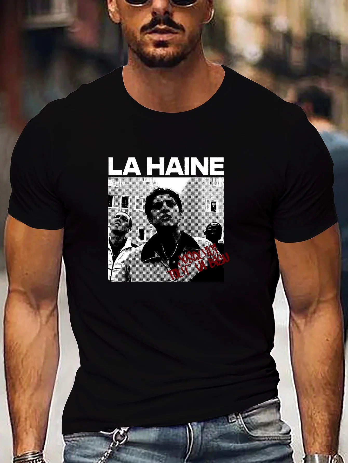 

Men's Casual LA Haine Graphic Tee - Green, Short Sleeve, Polyester & Elastane Blend, Machine Washable - Stylish Summer Shirt