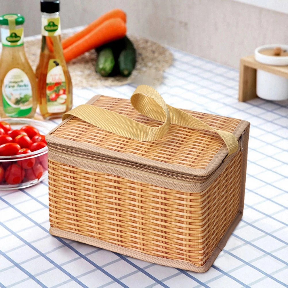 Khaki Wicker Rattan Picnic Bag Waterproof Tableware Storage Camping Bag Picnic Baskets Lunch Box Thermal Cooler Container