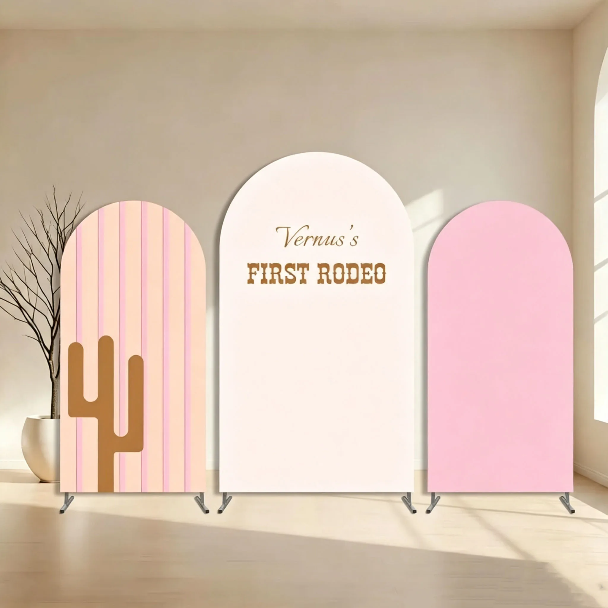 Custom Double-Sided First Rodeo Baby Shower Arch Backdrop Cover Pink Cowgirl Western Stripe Cactus Birthday Party Photobooth
