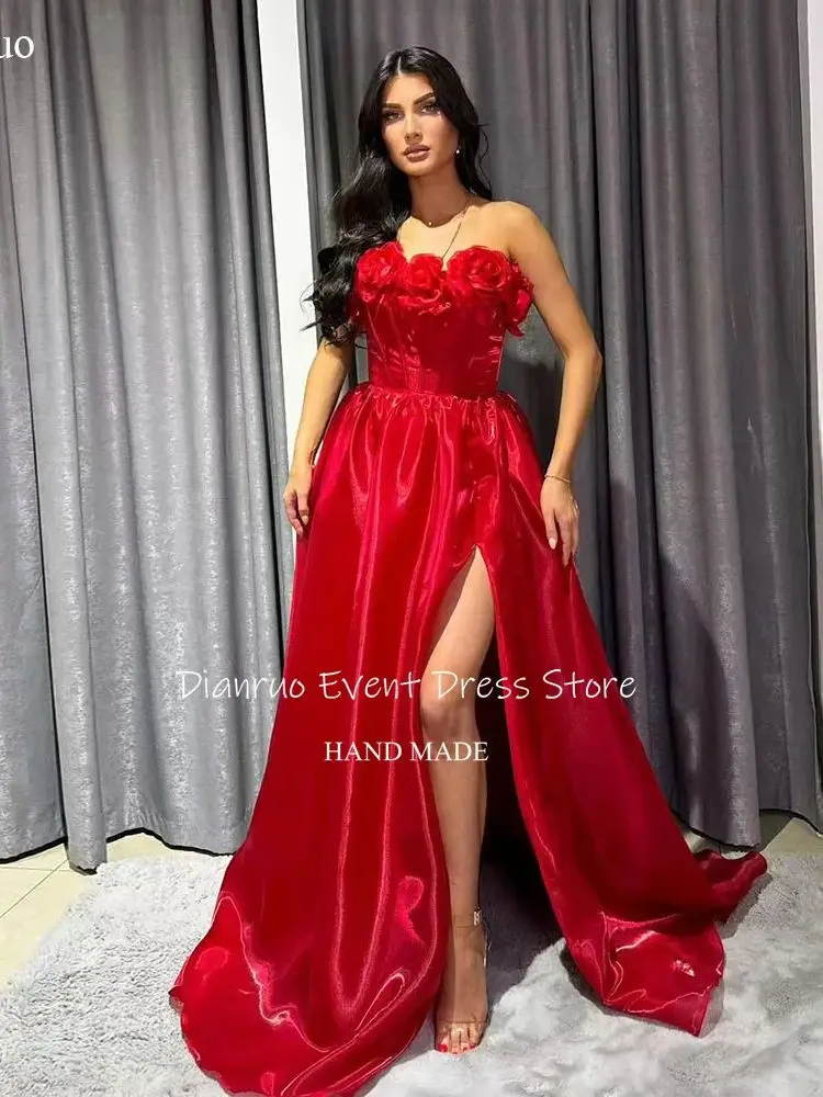 Dianruo Sexy Red Long Evening Dresses Side Split 3D Flowers Prom Gowns Strapless Charming Satin Robe De Soirée Femme Customized