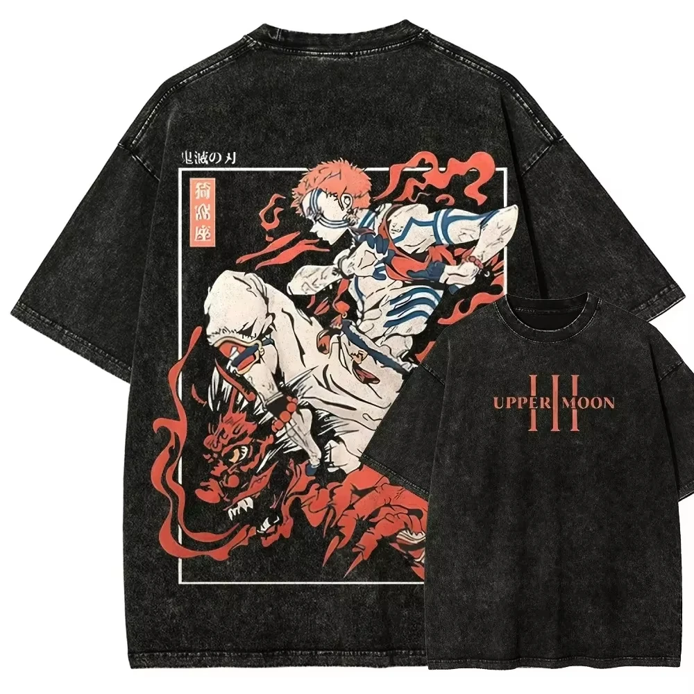 

Футболка Demon Slayer унисекс с эффектом потертости, летняя и весенняя, с принтом Аказы, в стиле ретро, высококачественная, с коротким рукавом