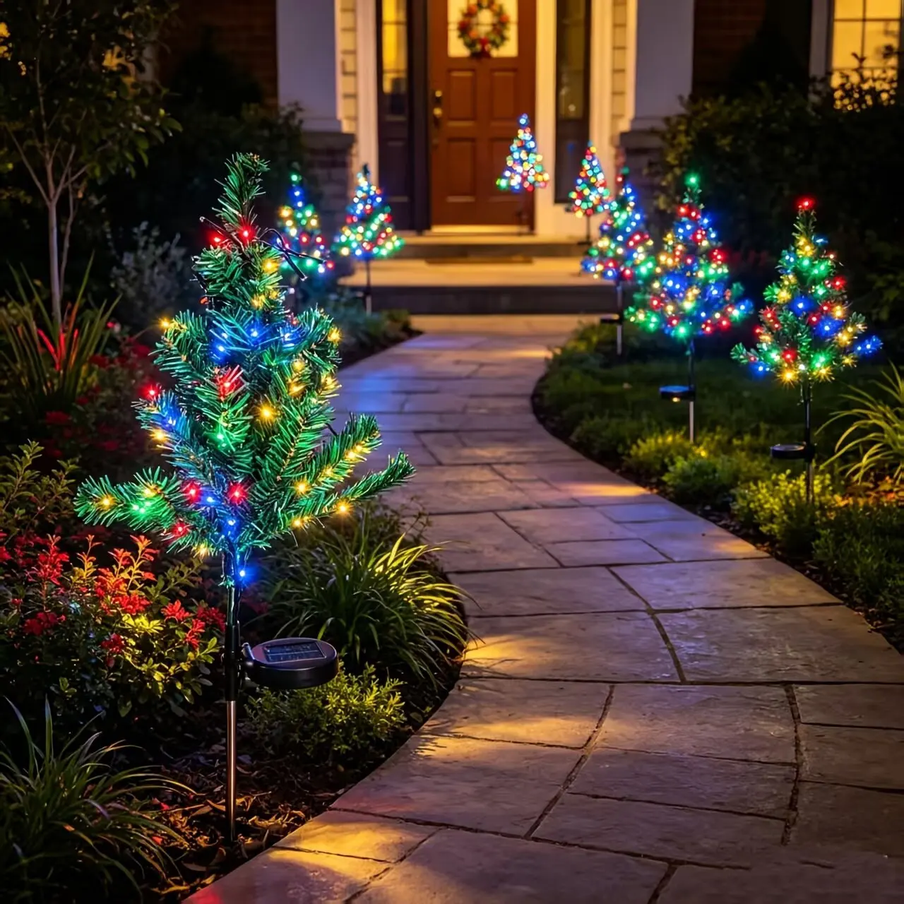 2PC Solar Led Christmas Tree Stake Light Round Solar Panel Outdoor Lawn Garden Decoration For Christmas New Year Festival