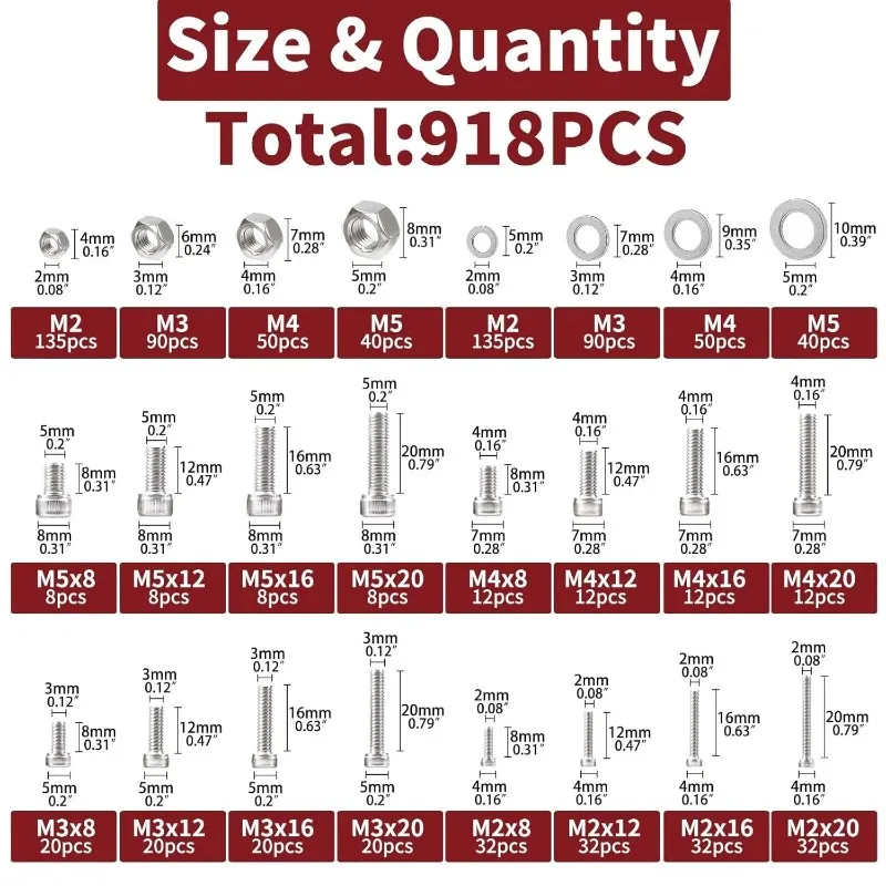 918PCS/Box 304 Stainless Steel Pan Head Screws Metric Bolts Nuts Flat Washers Assortment Kit M2 M3 M4 M5