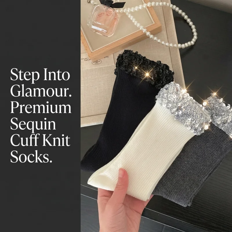 Women's Sparkly Sequin Trim Ribbed Ankle Socks Glitter Fringe Crew Socks for Party Club Daily Dress Casual Streetwear