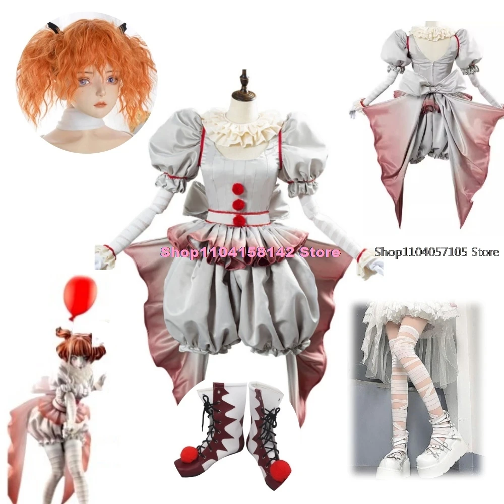 Disfraz de Cosplay de Pennywise de payaso de película, Genderswap, vestido de Lolita de terror para Halloween, conjunto completo de peluca para fiesta de Carnaval de fantasía para mujer