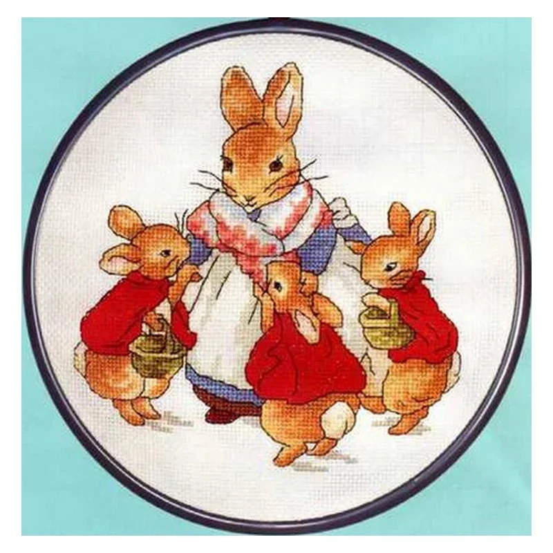 Gold Collection Lovely Counted Cross Stitch Kit Mrs Rabbit with Flopsy Mopsy and Cottontail Hare Bunny Mother and Babies Baby