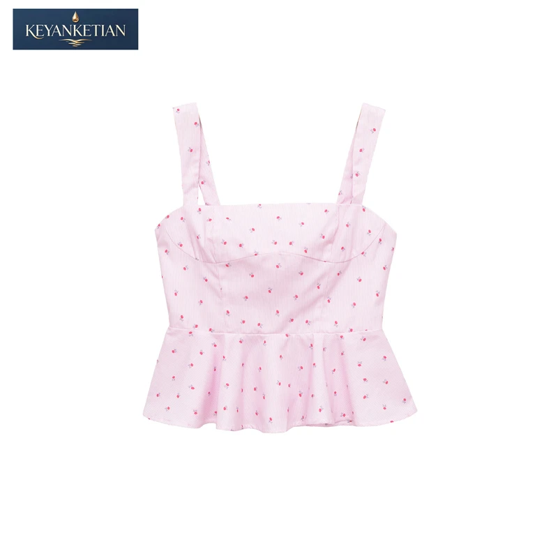 KEYANKETIAN 2026 Summer New Chic Y2K Rose Print Peplum Top Square Neck Wide Strap Slim Fit Streetwear Casual Outings Vest