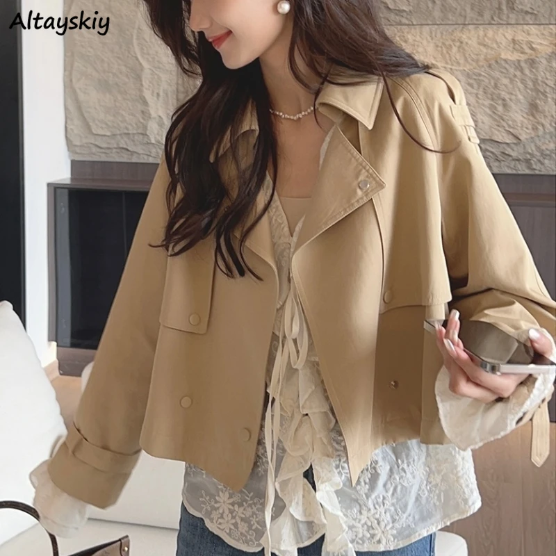 Khaki Cropped Trench Women Baggy Korean Office Lady Leisure Popular Basic Autumn Outerwear Harajuku Vintage  Coats New 2023