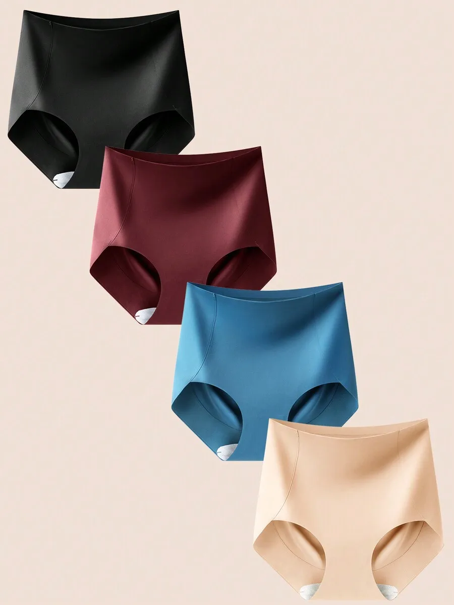 

4-Pack Women High Waisted Seamless Tummy Control Panties Solid Color Briefs S-XXL