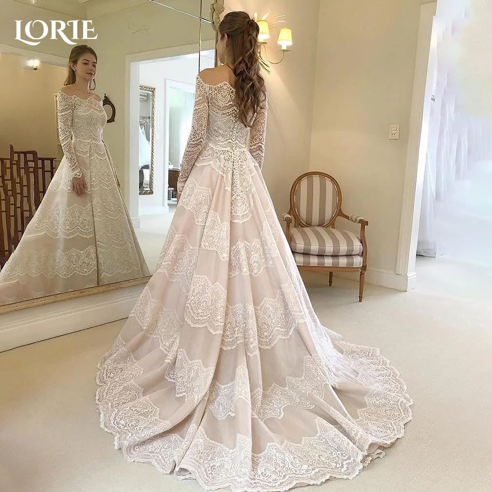 

LORIE Vintage Boho Wedding Dresses Off Shoulder A-Line Applique Bridal Gowns Princess Long Sleeve Lace Bride Dress Customized