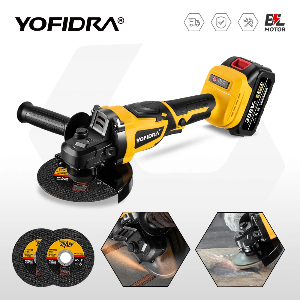 Yofidra 125mm Brushless Angle Grinder For Makita 18V Battery 12000Rpm 3 Gears M14 Cordless Electric Impact Grinding Power Tool