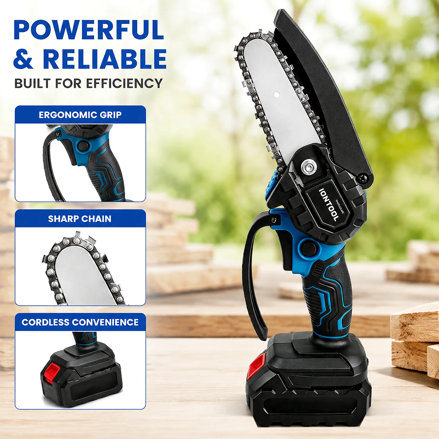 IONTOOL 4 Inch Brushless Cordless Chainsaw Household Tool for Garden Pruning Twig Trimming and Small Wood Cutting