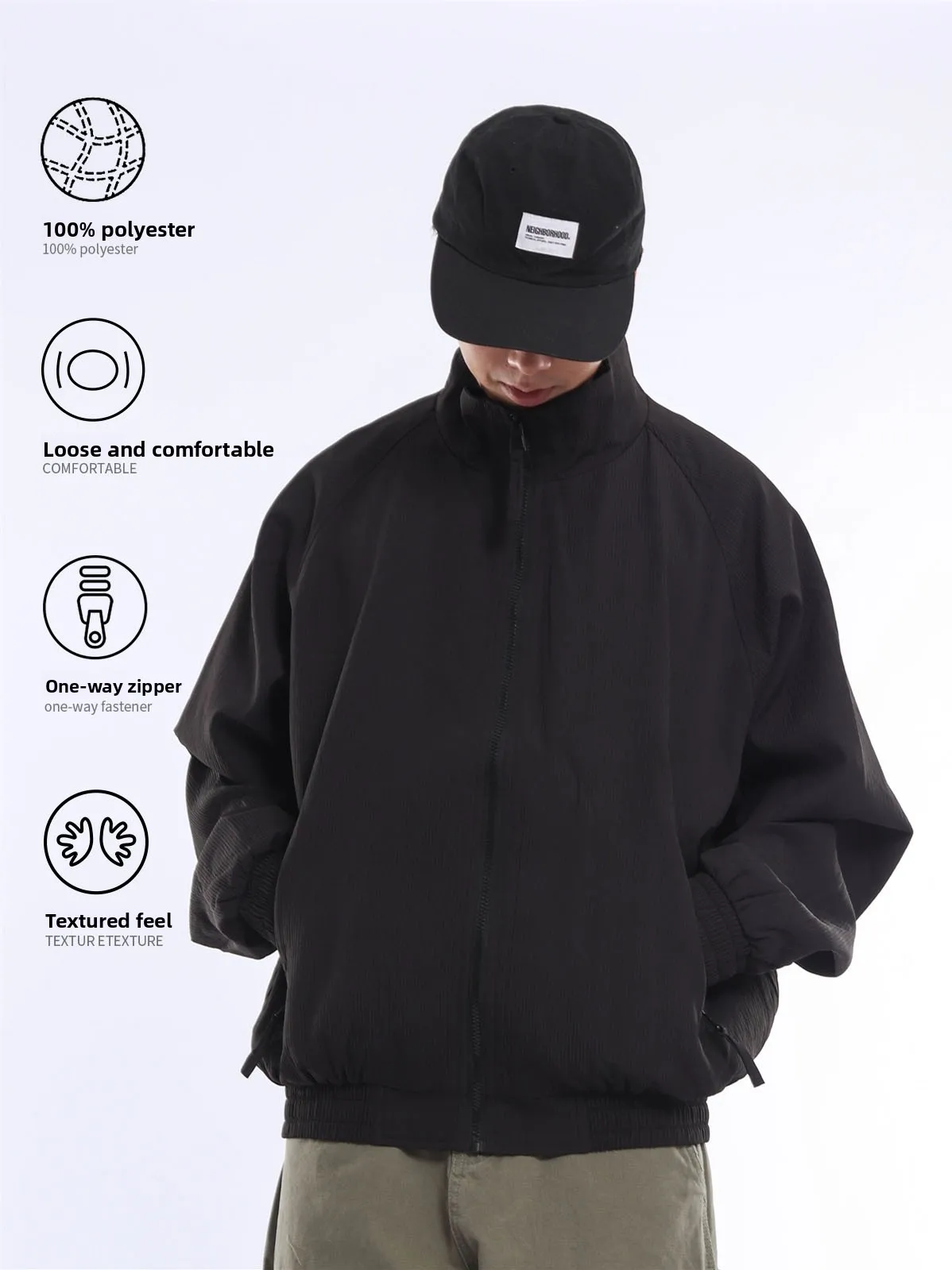 Textured Jacket Outerwear Casual Loose Fit Stand Collar Retro Workwear Spring Autumn Trendy Top Polyester Youth Long Sleeve Z...