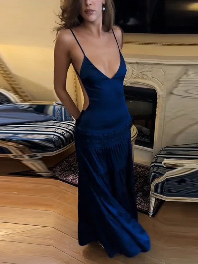 Elegant Suspender Sleeveless Backless Party Dress Blue V-neck Ruffles Spliced Long Dresses Sexy Lady New Year Evening Robes