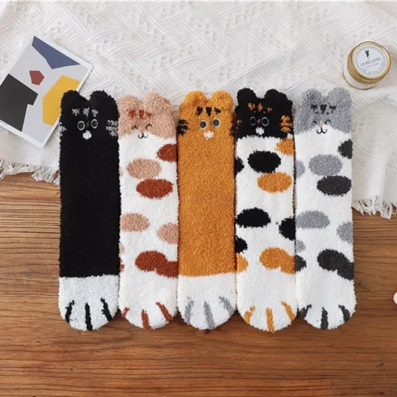 

Autumn Winter Coral Fleece Women Medium Tube Cat Paw Sockings Female Casual Cartoon Thickened Warmth Floor Cute Sleeping Socks