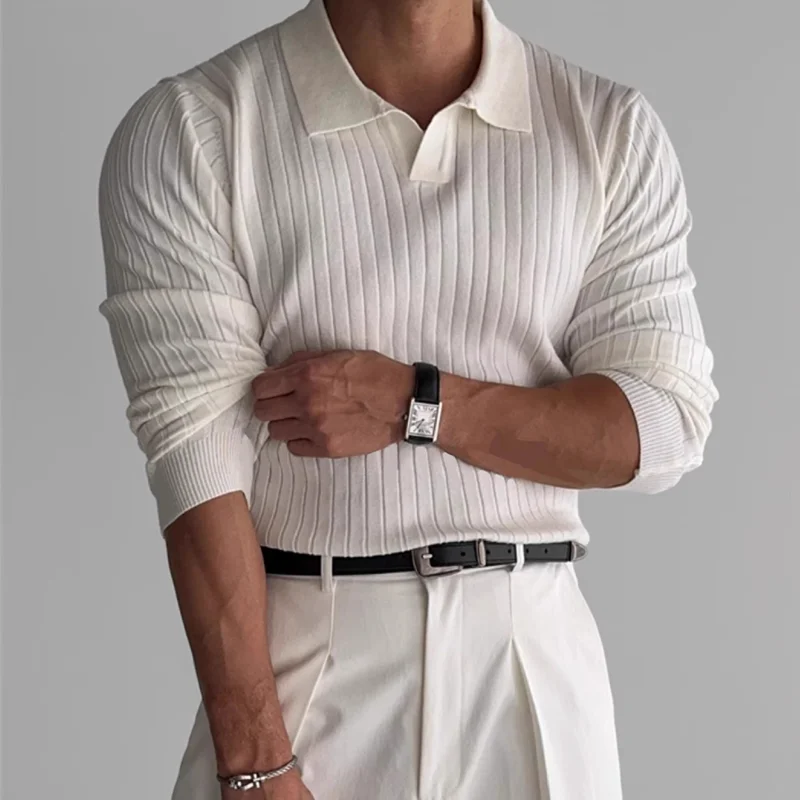 Herrenmode Luxus V-ausschnitt Gestrickte Jacquard Polo-Shirt Einfarbig Lange ärmeln Koreanische Beliebte Freizeit Strickwaren 2023 Neue Herbst – Detail 3