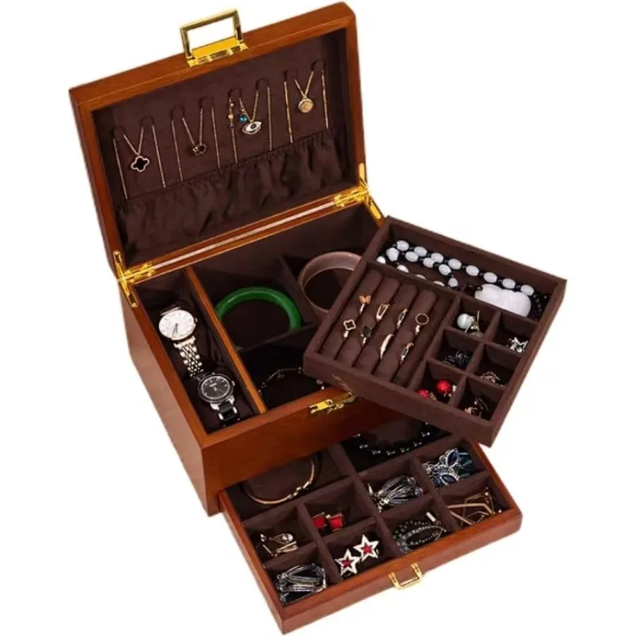 

3-слойная твердая деревянная шкатулка для драгоценностей для женщин, винтажный органайзер для ювелирных изделий из натурального дерева для хранения серег, колец, ожерелий, браслетов Wa