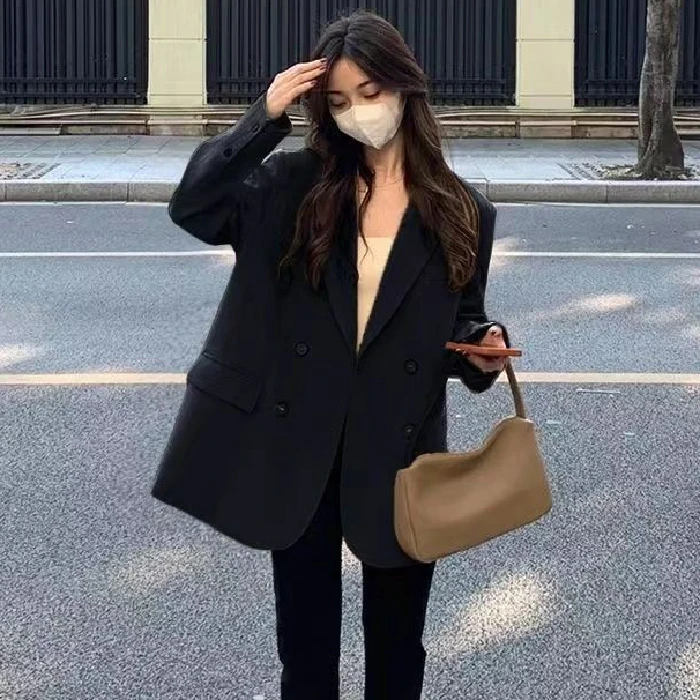 

Caramel Color Women's Double-Breasted Loose Fit Elegant Style Pure Linen Fabric Long Sleeve Suit Jacket Casual Office Wear