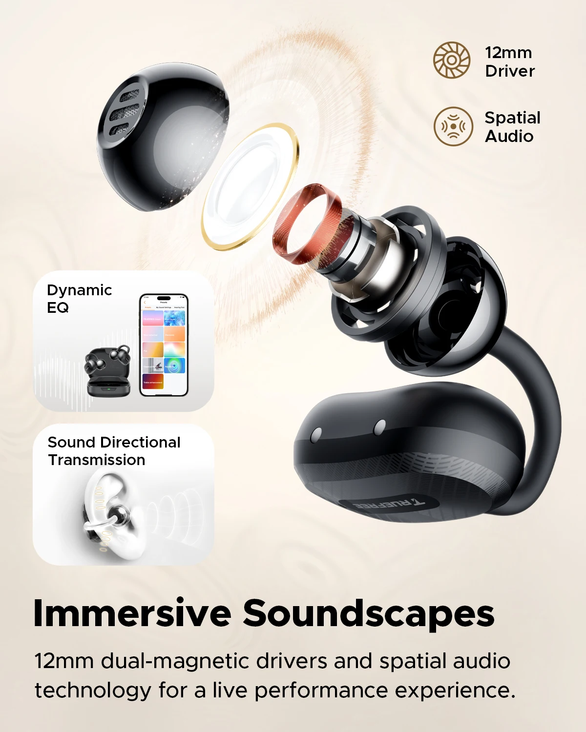 Truefree Clip C10 Open Ear Headphones Bluetooth 5.4 Wireless Earbuds with 12mm Dual Driver, Spatial sound,Fast Charge,IPX5