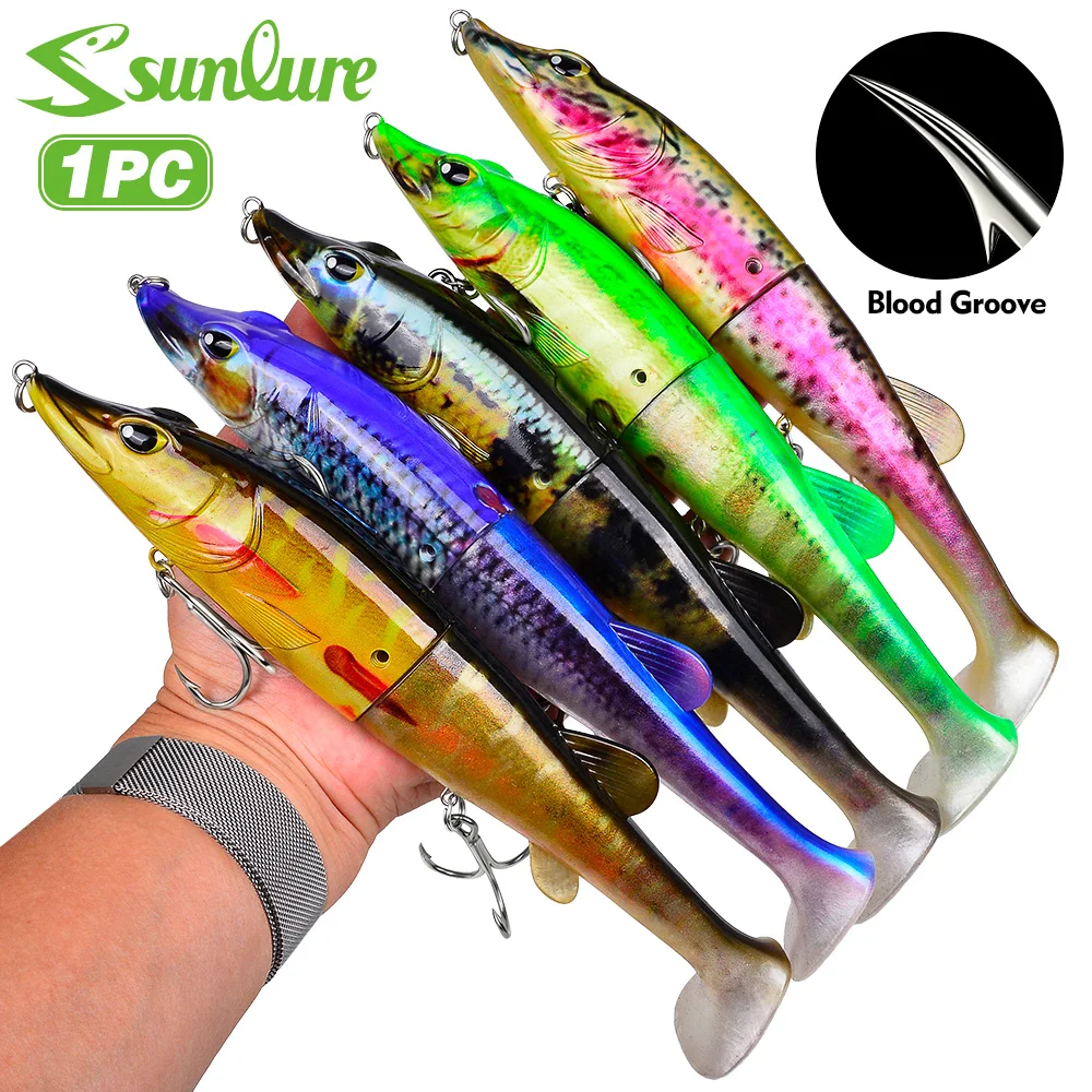 Leurre Artificiel Sunlure 2 Sections Multi-Articulé pour Brochet, Queue Bouclée, Wobbler Artificiel, Rainure Sanguine, Triple Hameçon, Appât pour Eau Salée