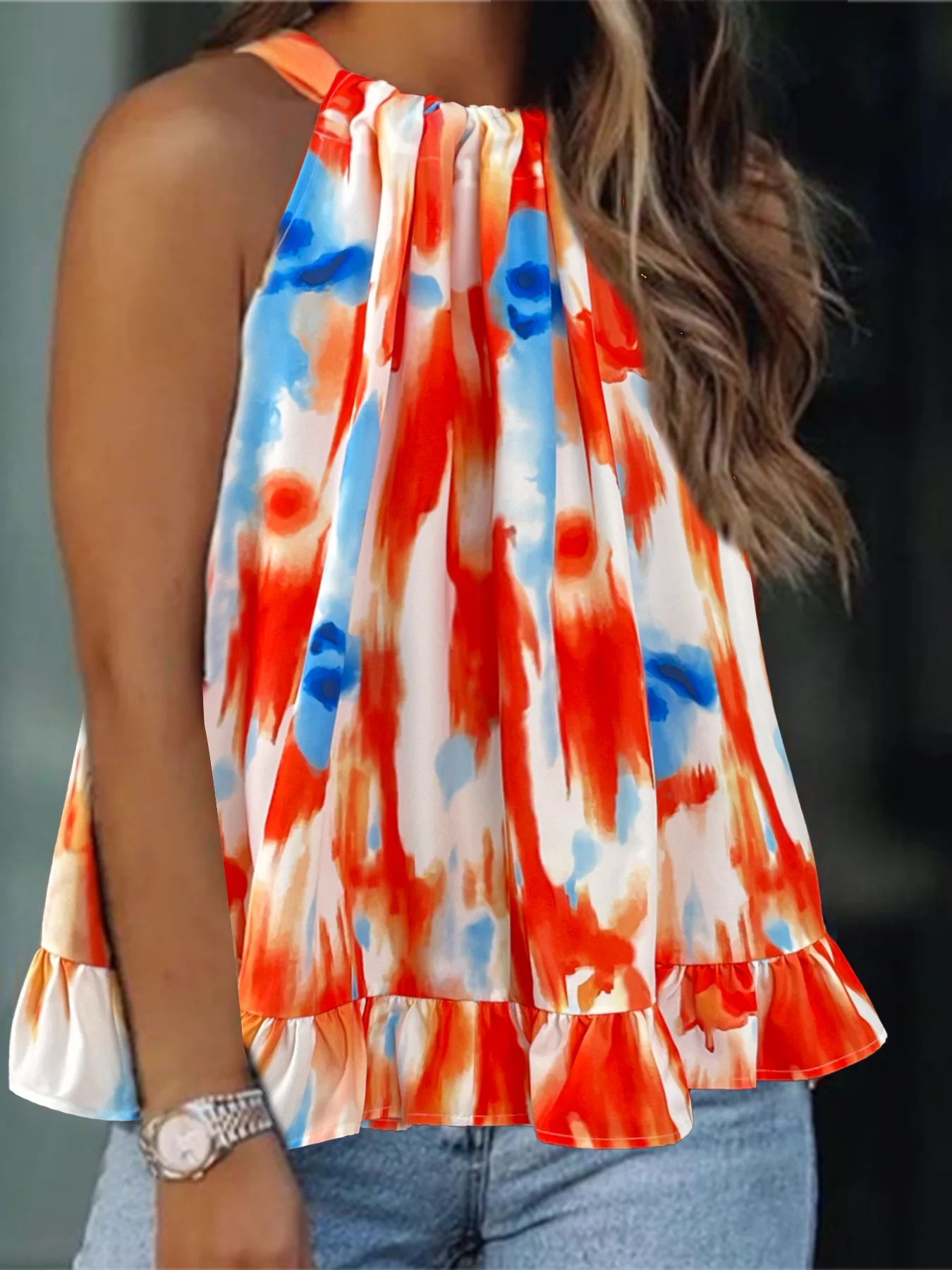 Tirantes de chaleco urbano elegante de color sólido con hombros descubiertos y cuello halter fresco y a la moda para primavera y verano de talla grande para mujer 。