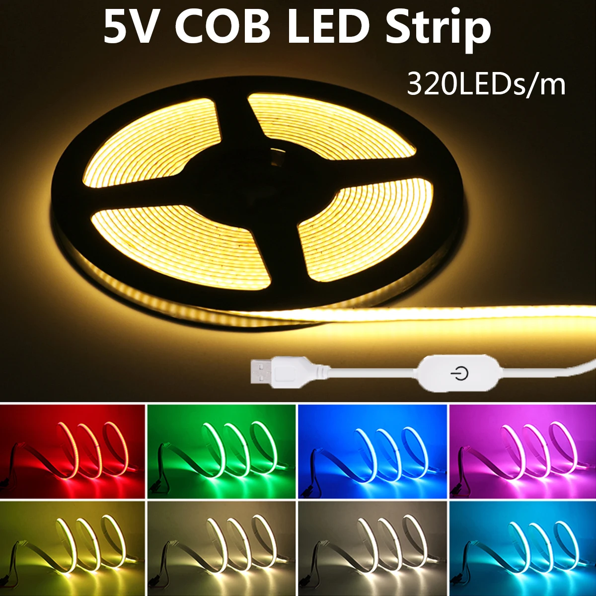 5V COB LED Light Strip Touch Dimmer USB 320LEDs Warm Natural White Flexible Adhesive Tape Linear Indoor Lighting Lamp Room Decor