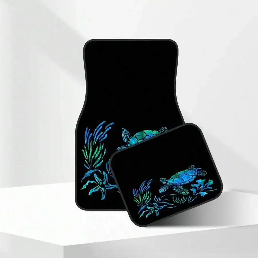 4-Piece Turtle And Aquatic Plant Design Car Floor Mats Black Durable Easy Clean Universal Fit
