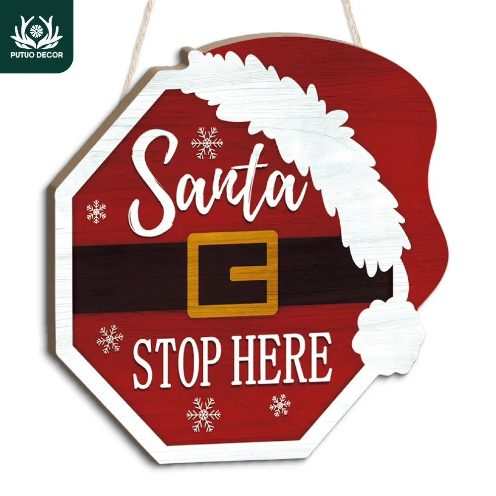 

Putuo Decor 1pc Santa Element Wooden Hanging Sign Decoration, Santa Stops Here, Decoration for Home Office Cafe Shop, Gift