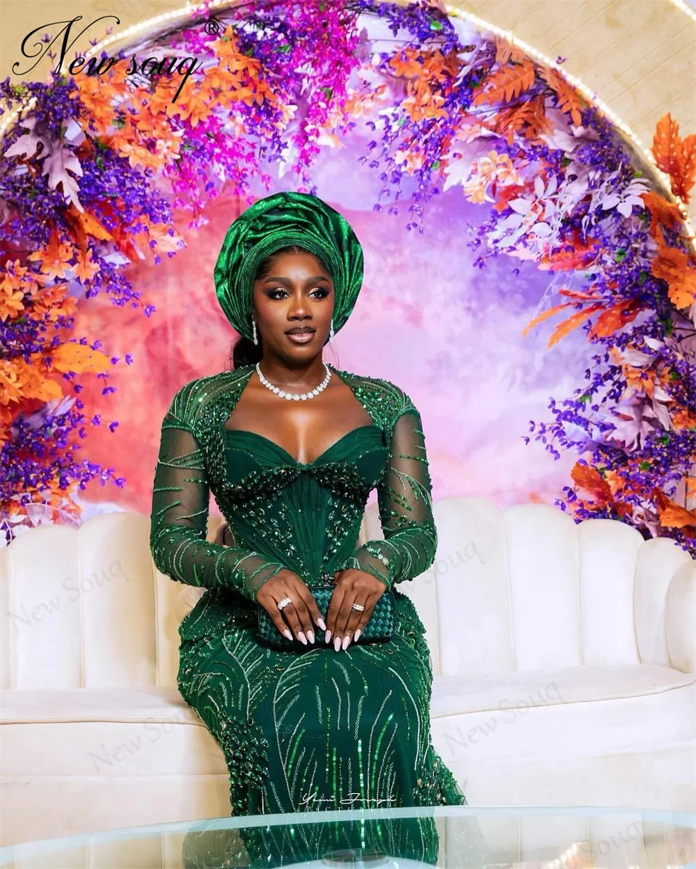 Afrikanische Grüne Meerjungfrau Prom Kleider Angepasst Lange Ärmel Perlen Abendkleid Aso Ebi Hochzeit Party Kleider Vestidos De Cóctel