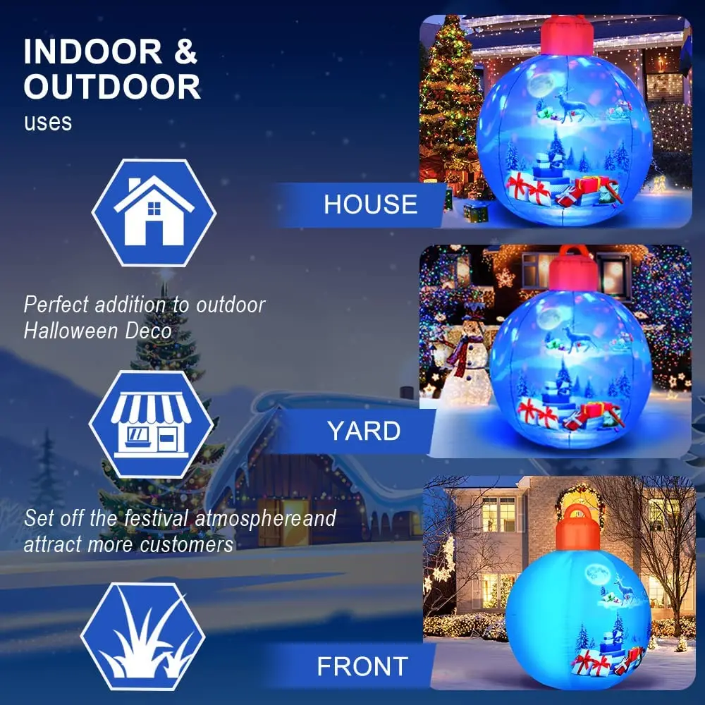 Christmas Inflatable Balls Decorations Blow Ups Christmas Ornament Blue Ball with Santa Gift Designed Pattern Indoor Outdoor Toy