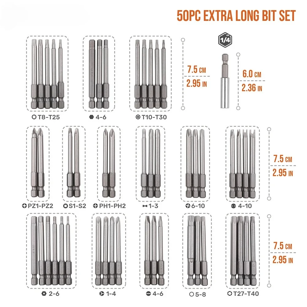 For Electric Drill Hex Long Handle Screwdriver Set Security Head 1/4 Screwdriver Bits Kit Torx Hex Hand Tools 25/50/51pc