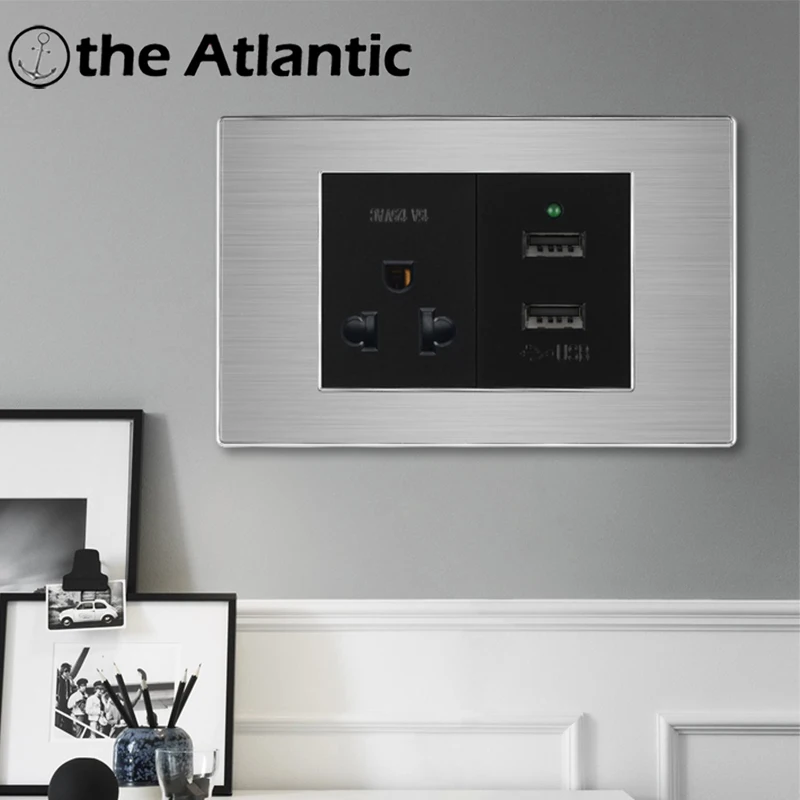 15A US Power Socket With USB Outlet Fan Speed Controller Dimmer Light Switch Stainless Steel Black 118Type standard plug