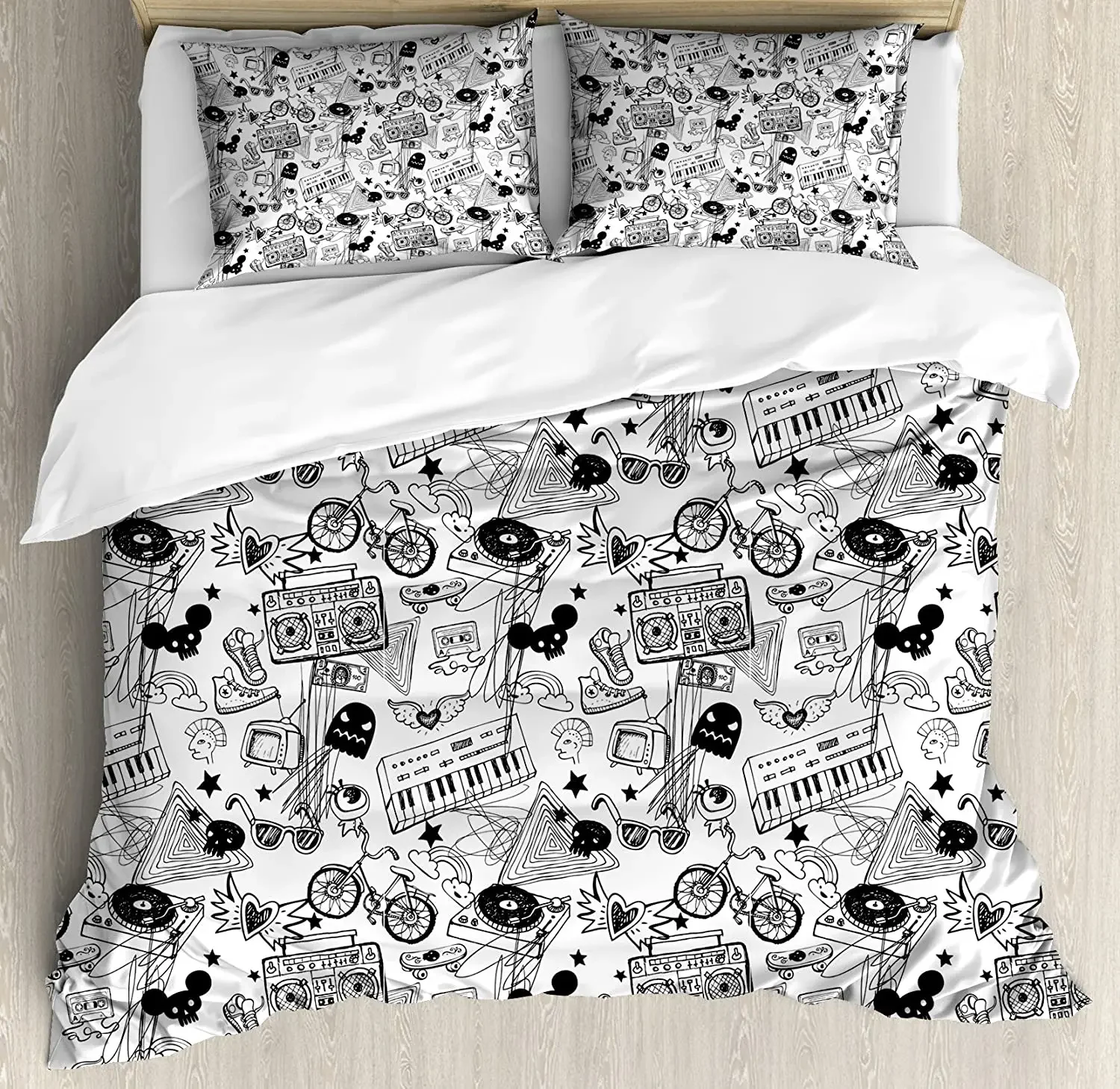 

Black and White Bedding Set Comforter Duvet Cover Pillow Shams Punk Teenage Pattern Cassette Keyboa Bedding Cover Double Bed Set