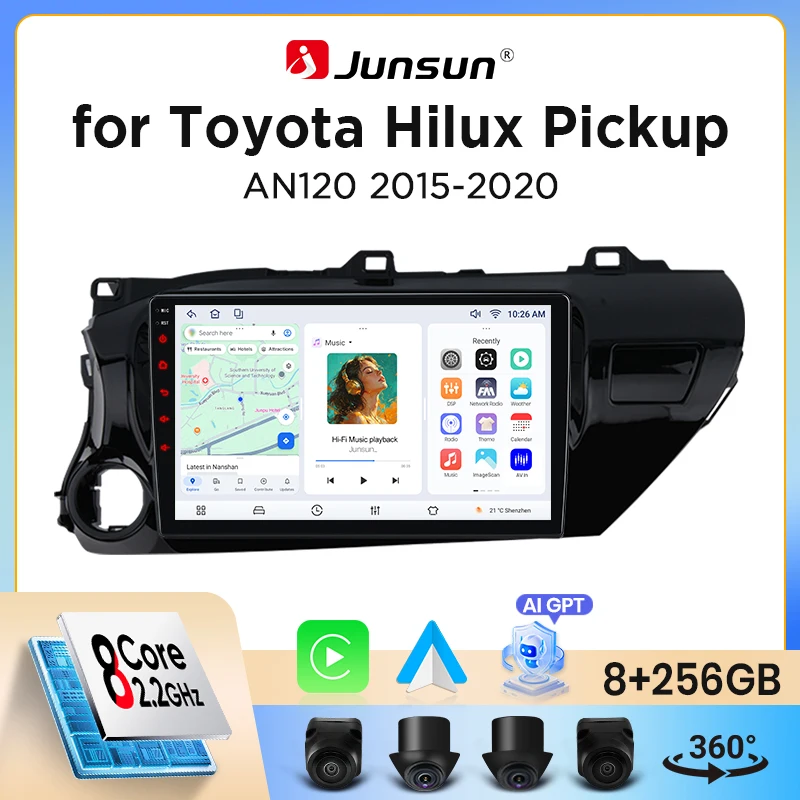 Radio para Auto Junsun con CarPlay Inalámbrico y Android Auto para Toyota Hilux Mk8 (AN120/AN130) 2015-2020, Ventilador de Enfriamiento Integrado, Navegación GPS Android, Reproductor Multimedia, WiFi, DSP, RDS, BT, SWC, Pantalla Táctil IPS, Autoradio, Reproductor de Video, Unidad Principal Estéreo