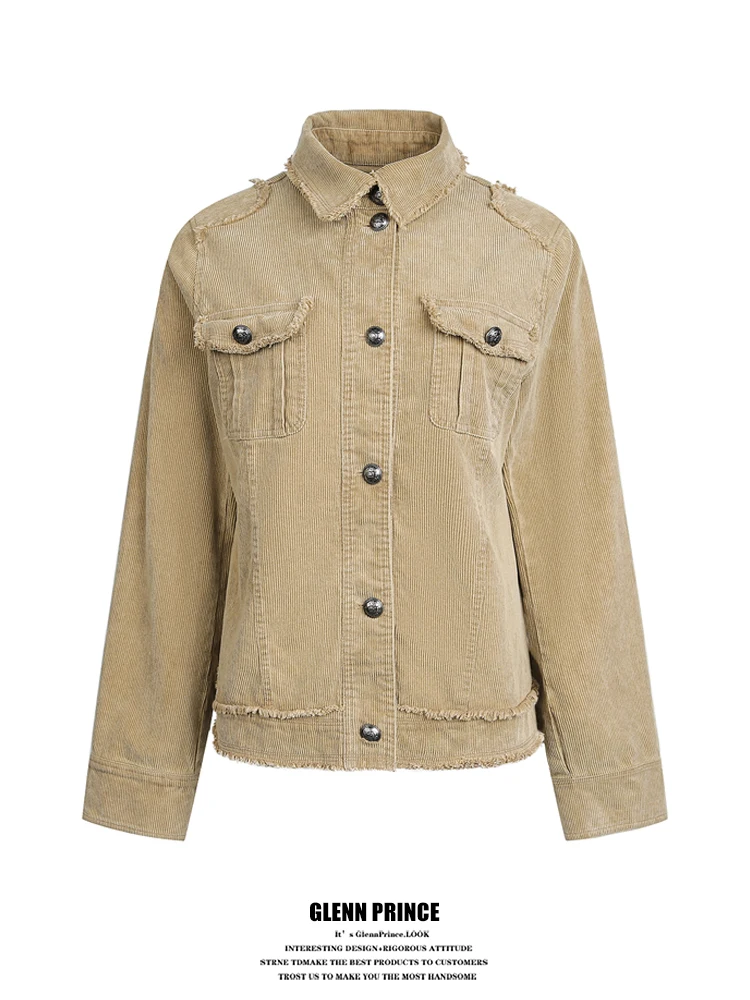 

Retro Korean Sle Men's irt Jaet Cotton Corduroy ort Length Spring Season Metal Bule Workwear Outerwear Coat