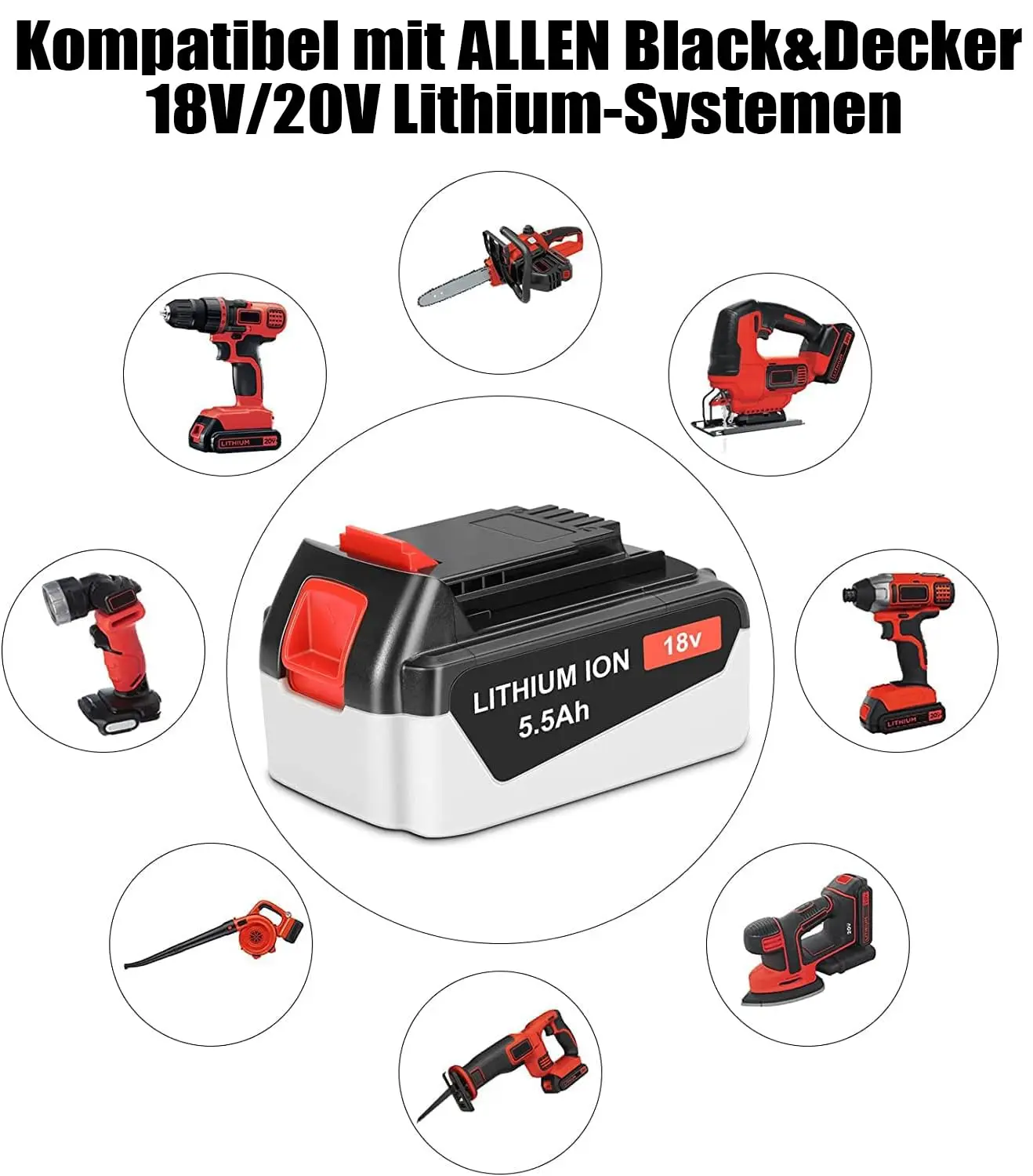 REACELL für Black and Decker Akku 18 V 5,5 Ah Ersatzakku Li-Ion BL1518 BL2018 GTC800 LB20 LBX20 LST220 18 Volt Akku