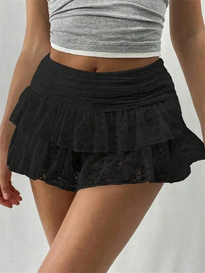 Womens High Rise Lace Tiered Mini Skirt