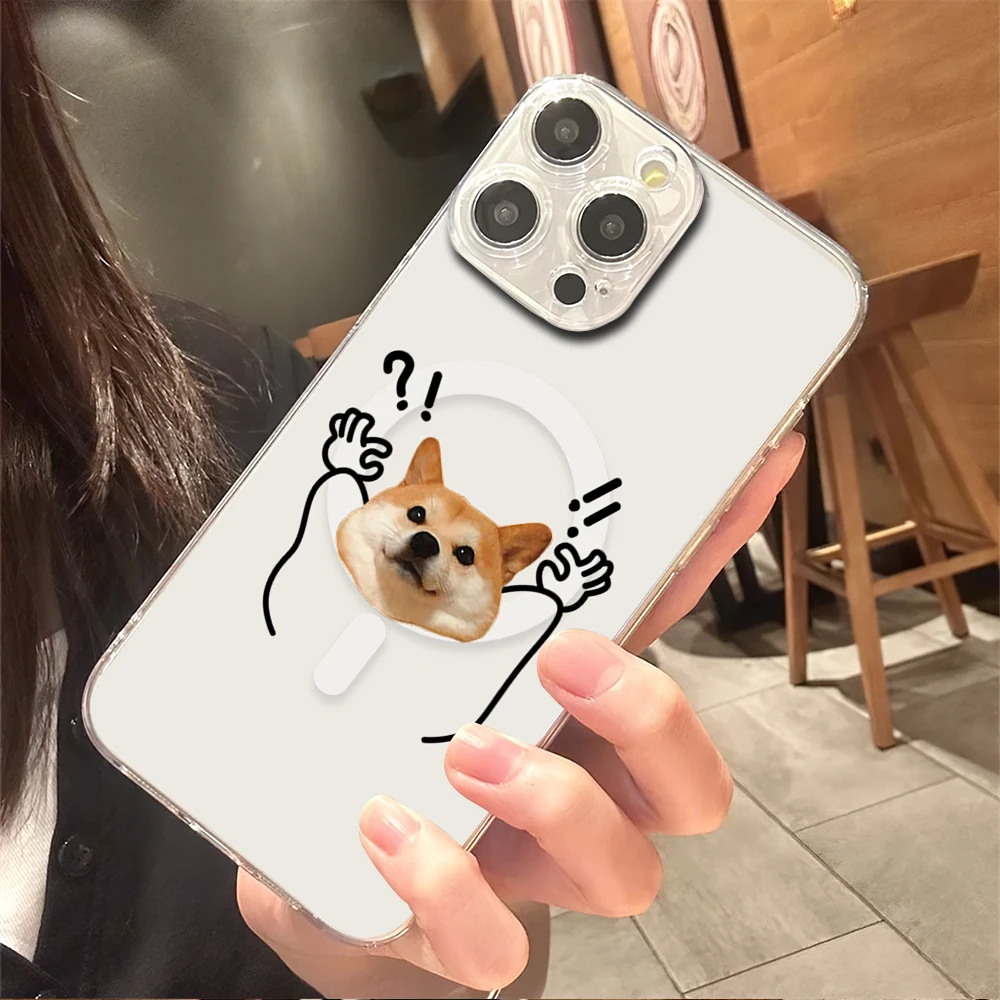 Funda de teléfono con Emojis de gato y perro para iPhone, carcasa suave de carga transparente magnética para iPhone 11, 12, 13, 14, 15, 16 Pro Max Plus, Magesafe