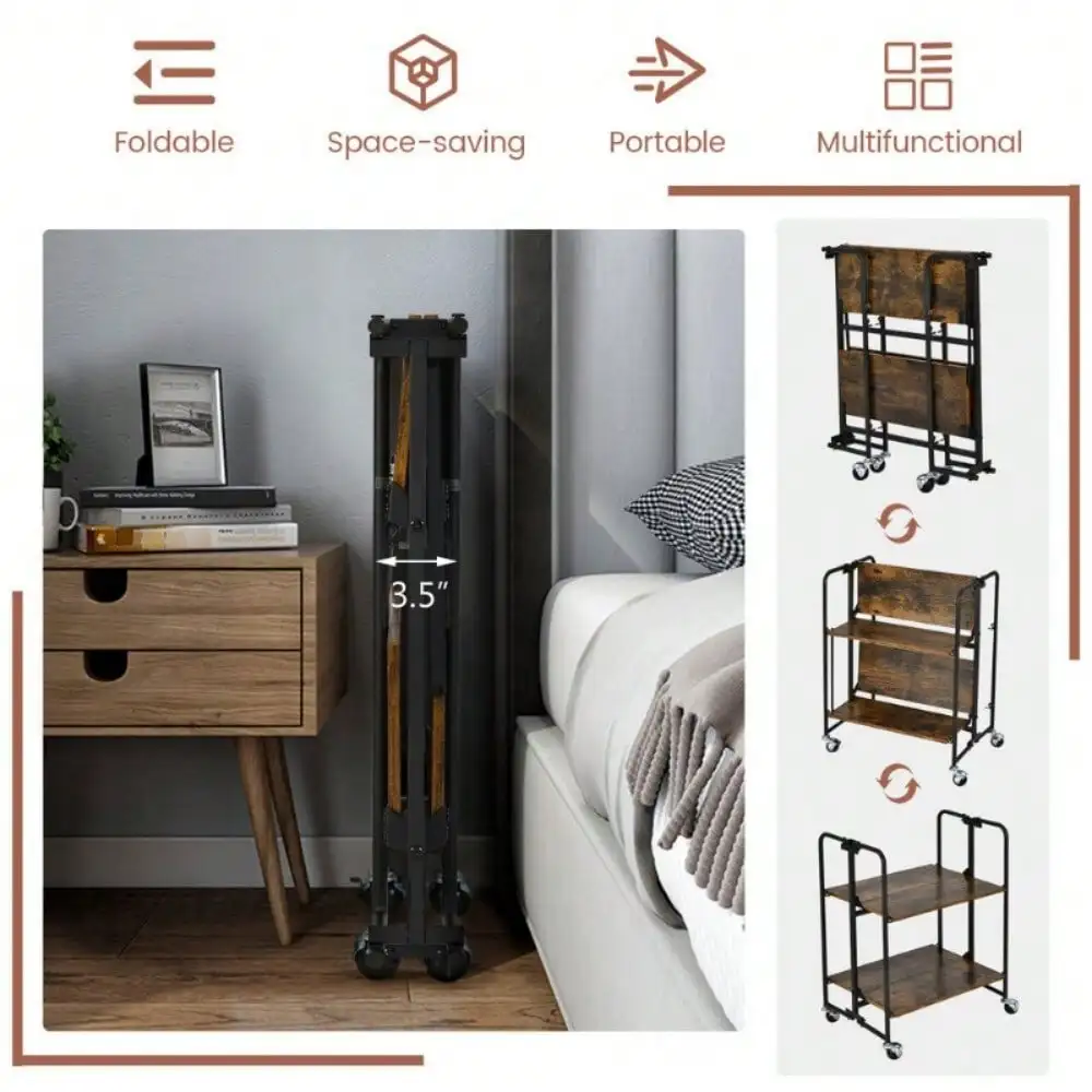 2-Tier Folding Rolling Cart Kitchen Serving Island Utility Storage Organizer