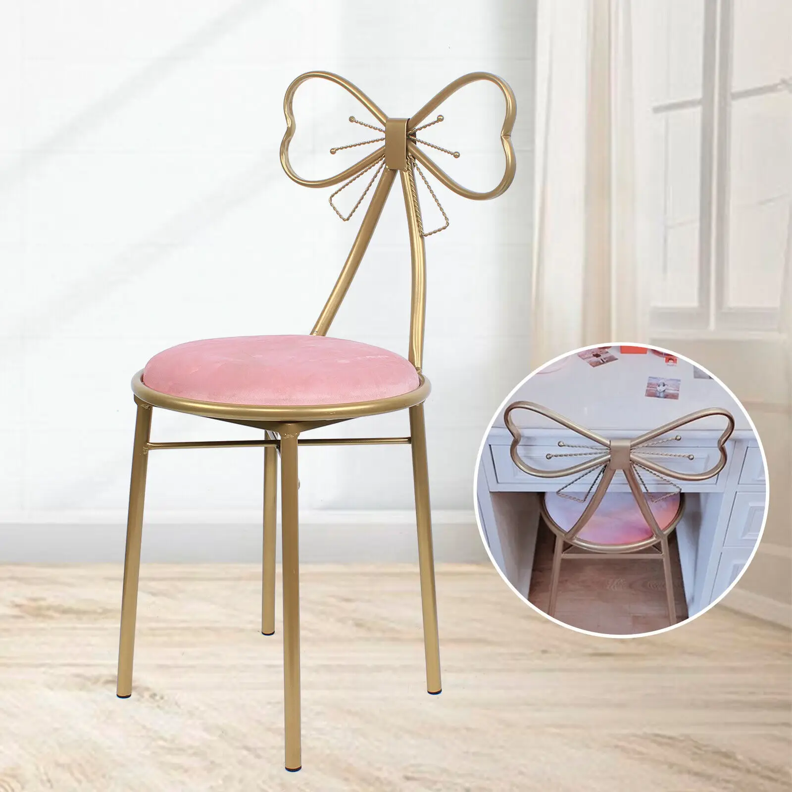 

Butterfly Bow Tie Pink Vanity Chair Velvet Cushion Metal Frame Lounge Dresser Seat with Butterfly Backrest