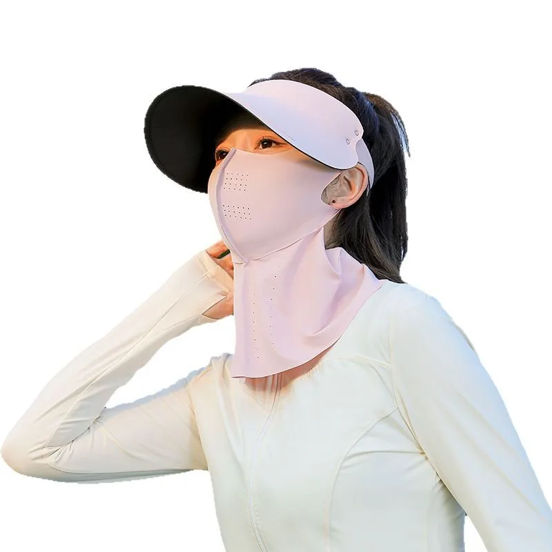 3 In 1 Women Summer Sun Protection Set Wide Brim Black Coating Sun Visor Hat Full Face Neck Cover UV Blocking Breathable Cooling