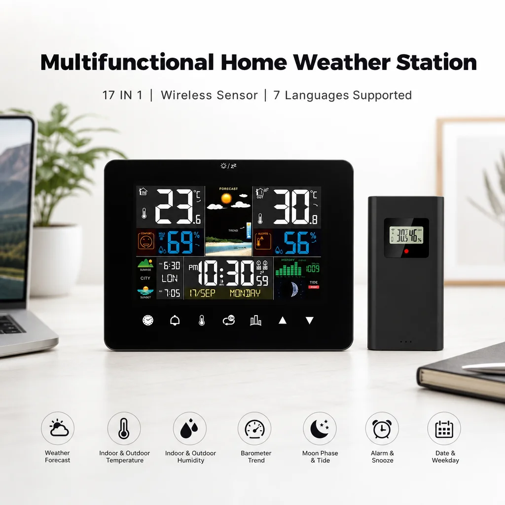 Screen Touch Weather Clock Rf Temperature and Humidity Sensor Weather Forecast Clock Large Screen Weather Station
