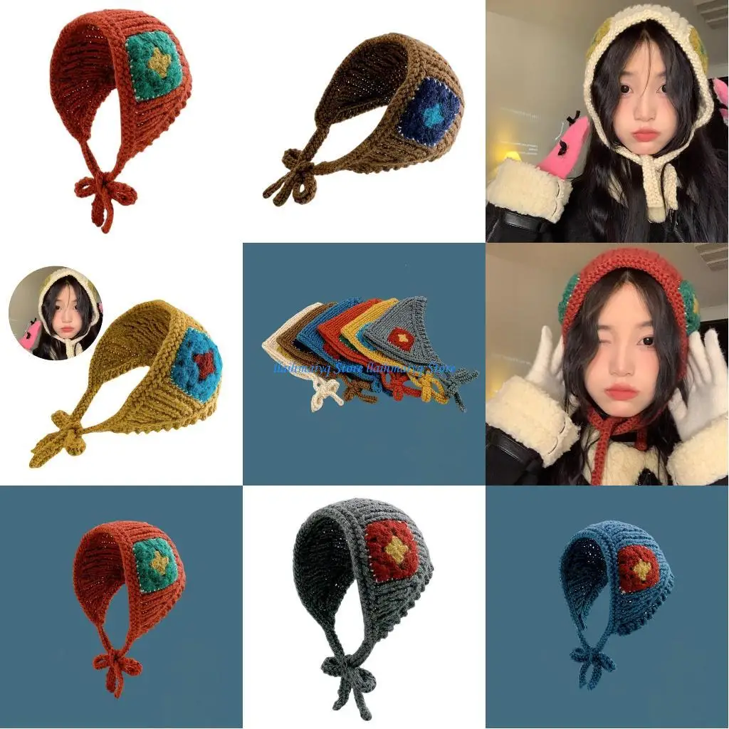 

573B популярная вязаная крючком шапка-ушанка для девочек, вязаный треугольный шарф для волос, защитная шапка-ушанка для девочек,