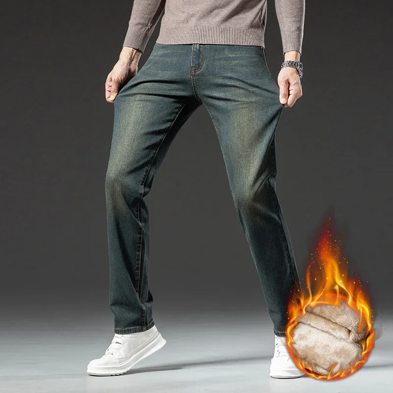 冬の新メンズブランド厚い起毛ジーンズカジュアル弾性快適なストレートファッションレトロフリースデニムパンツ